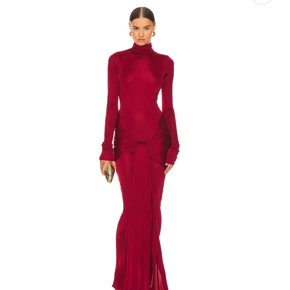 Helsa Slinky Jersey Sarong Maxi Dress in Samba Red